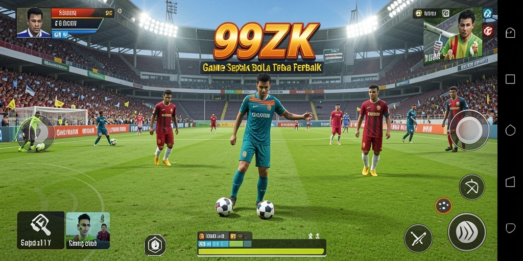 Screenshot dari gameplay 99ZK menampilkan aksi seru di lapangan sepak bola.
