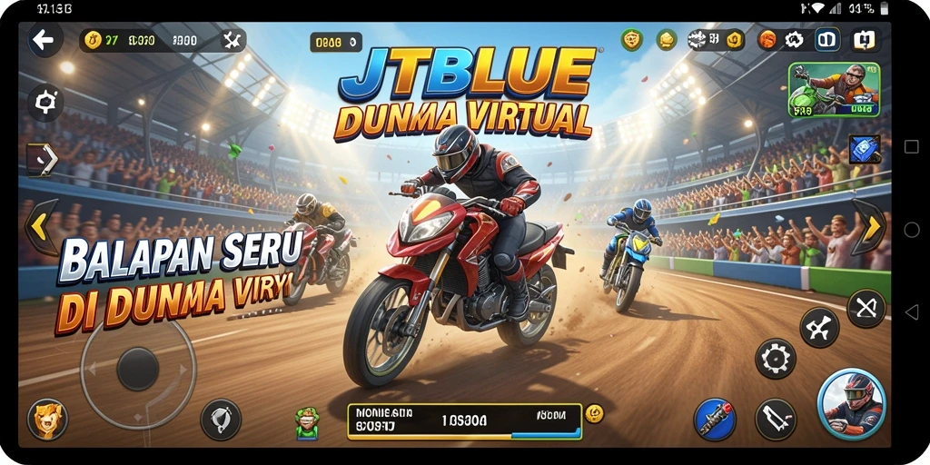 Tangkapan layar permainan JTBLUE yang menunjukkan aksi balapan mendebarkan.
