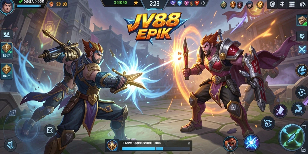 Screenshot utama JV88 menampilkan pertempuran seru di arena MOBA.