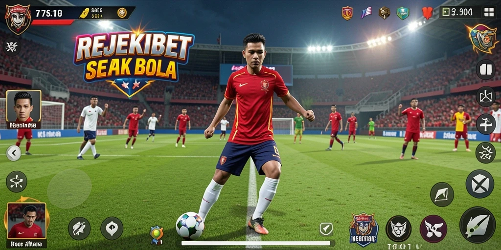 Tangkapan layar mendebarkan dari REJEKIBET yang menunjukkan gameplay sepak bola.