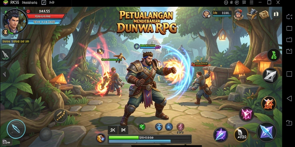 Tangkapan layar gameplay RK55 menampilkan pertarungan seru di dunia RPG.