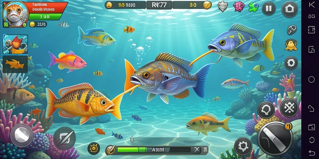 Tampilan gameplay RK77 yang menampilkan aksi menembak ikan.