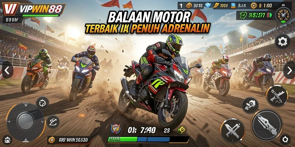 Screenshot utama VIPWIN88 menunjukkan aksi balapan motor yang seru dan mendebarkan.
